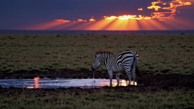 zebra at sunset drinking from a hole in the ground, in the style of impressive panoramas, sparkling water reflections