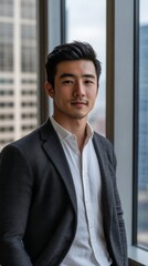 Young male entrepreneur with short, neatly styled hair, wearing a charcoal gray blazer over a white shirt, 