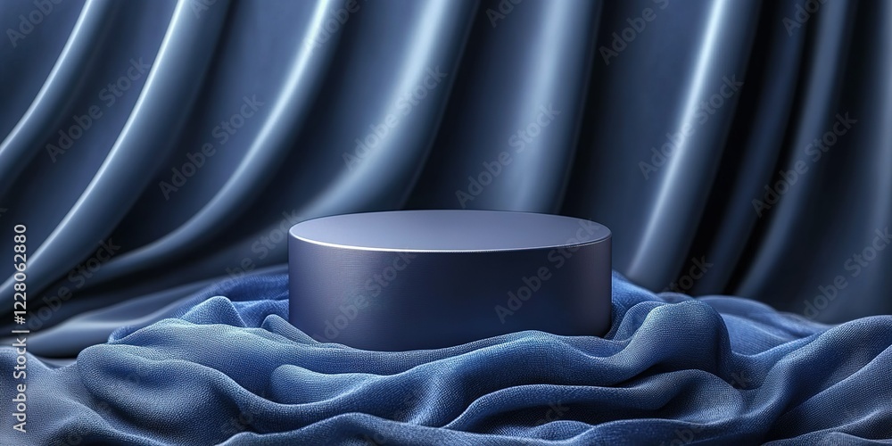 Poster display platform surrounded by flowing blue fabric in an elegant setting