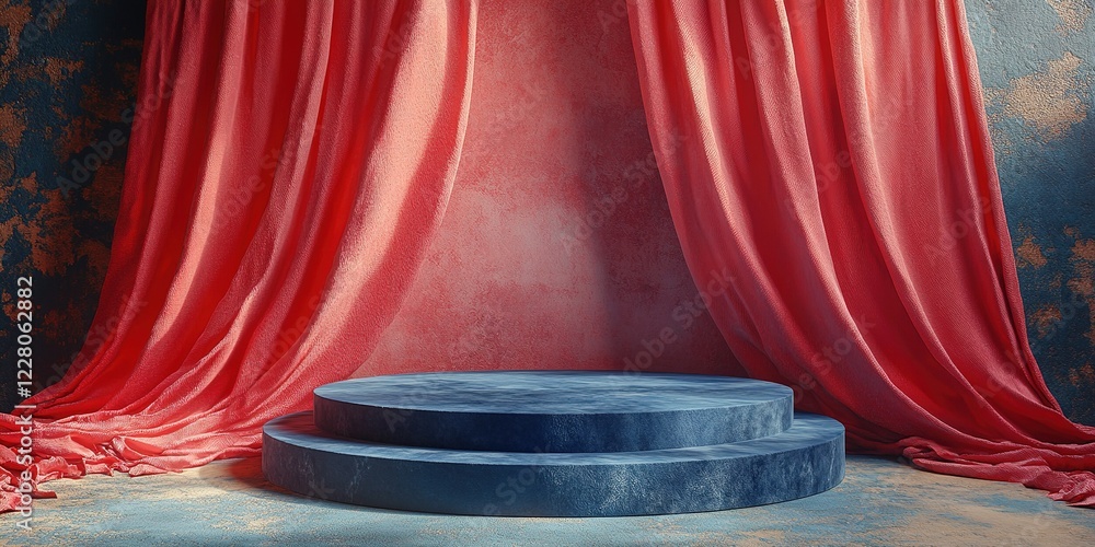 Poster vibrant stage setup with red curtains and blue platform creating an inviting atmosphere for performa