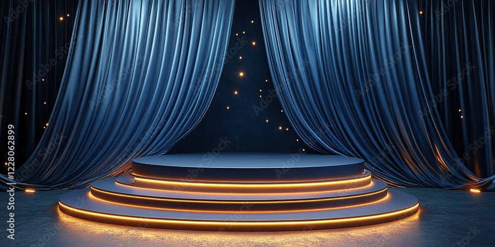 Poster elegant stage setup featuring illuminated circular platform and draped curtains in a darkened venue