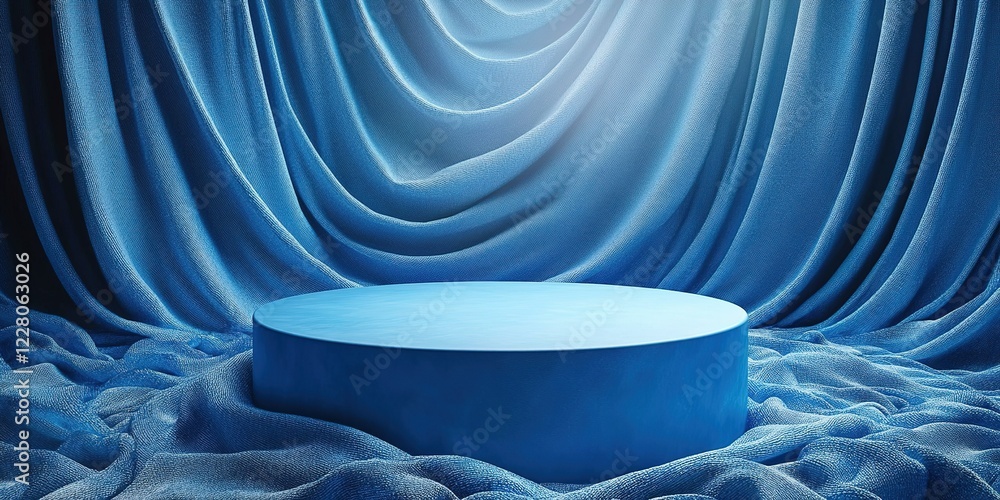 Poster blue circular platform surrounded by fabric drapes illuminated by soft light in a theatrical setting