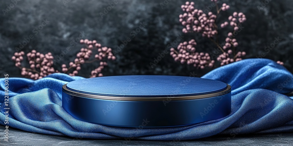 Poster blue circular display surface on a textured backdrop with delicate pink flowers in soft lighting