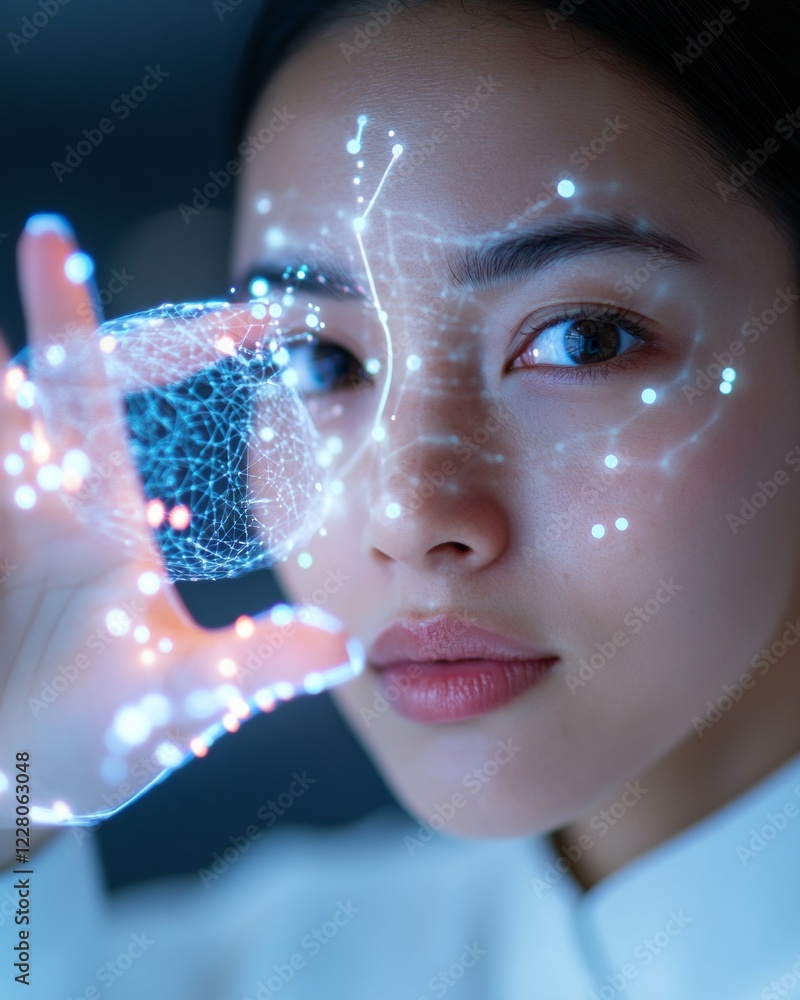 Poster futuristic tech aesthetics young innovator showcasing ai holographic interface in high-tech lab - el