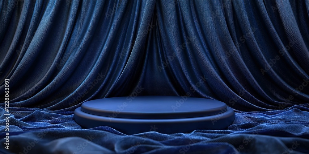 Poster dark blue velvet backdrop with circular pedestal ready for stage presentation or display setup in a 