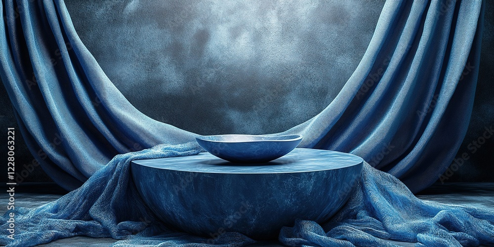 Poster artistic display of a blue bowl on a textured round table with flowing fabric in a serene setting