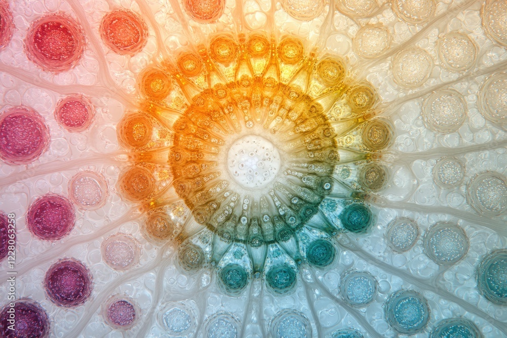 Poster abstract circular artwork with vibrant, multicolored concentric circles and bubbles, resembling a mi