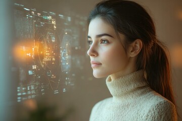 Woman thoughtfully observes futuristic holographic interface, data streams and visualizations.