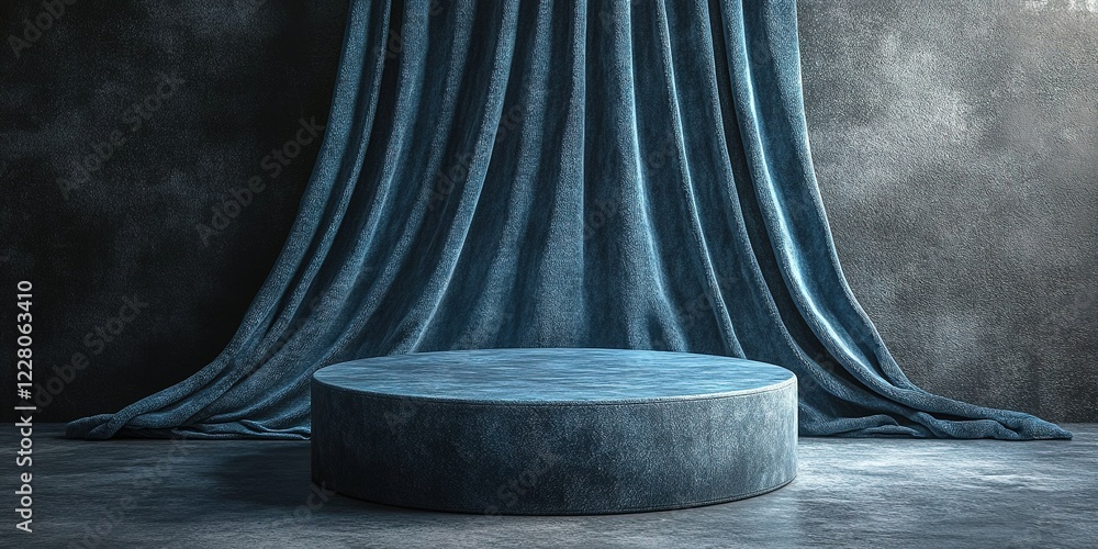 Poster modern circular stage with blue drapery in a minimalist indoor setting for an event or performance