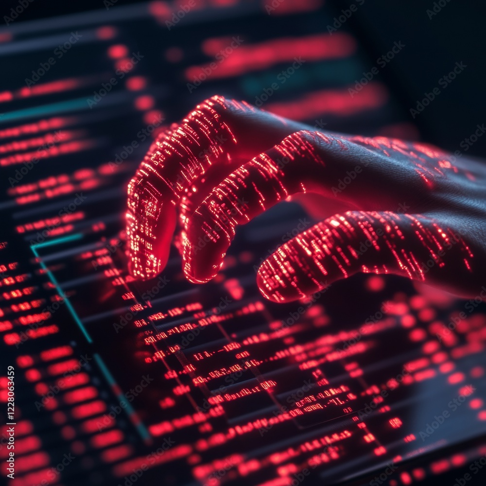 Poster Cybersecurity Aesthetic Illuminated Hackers Hands on Digital Interface - Modern Intrusion Prevention and Encryption Strategies for IT Professionals and Secure Data Management