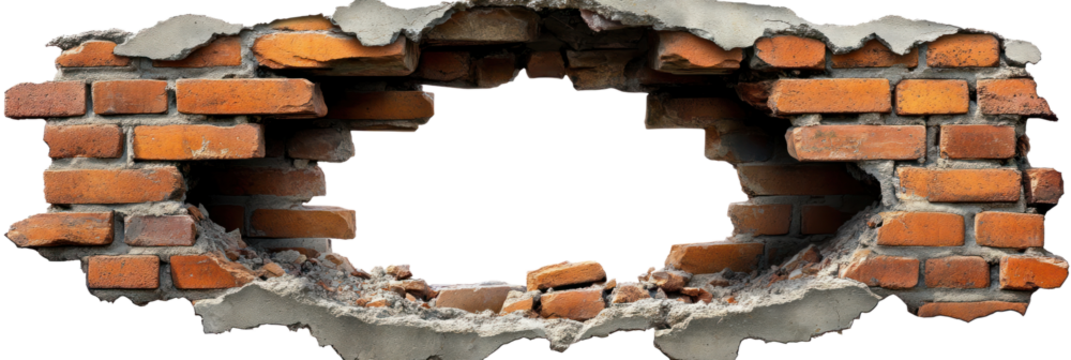Realistic broken wall shows depth with exposed bricks, isolated on a transparent background. PNG