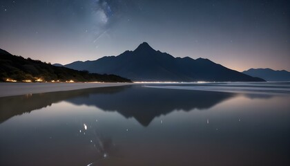 Obraz premium Una playa serena por la noche con un cielo estrellado, montañas al fondo y un océano en calma con un reflejo del cielo