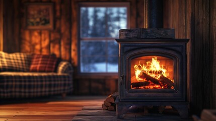 Traditional cabin ambiance with a glowing fireplace