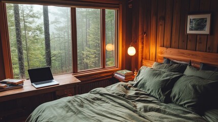 Cozy Cabin Getaway: Forest View Bedroom Serenity