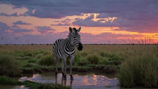 zebra at sunset drinking from a hole in the ground, in the style of impressive panoramas, sparkling water reflections