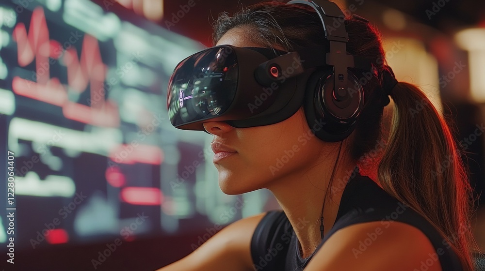 Poster immersive biohacking experience tech-savvy hispanic woman with vr headset and health wristbands in d