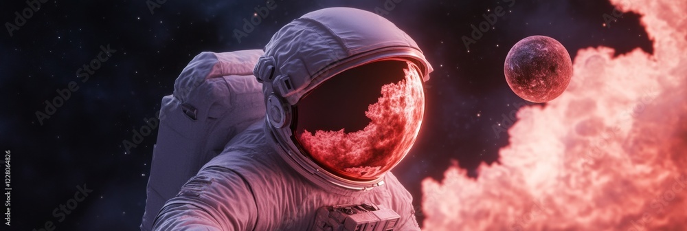 Poster futuristic space exploration astronaut in cosmic reflection suit with satellite in orbit - scientifi