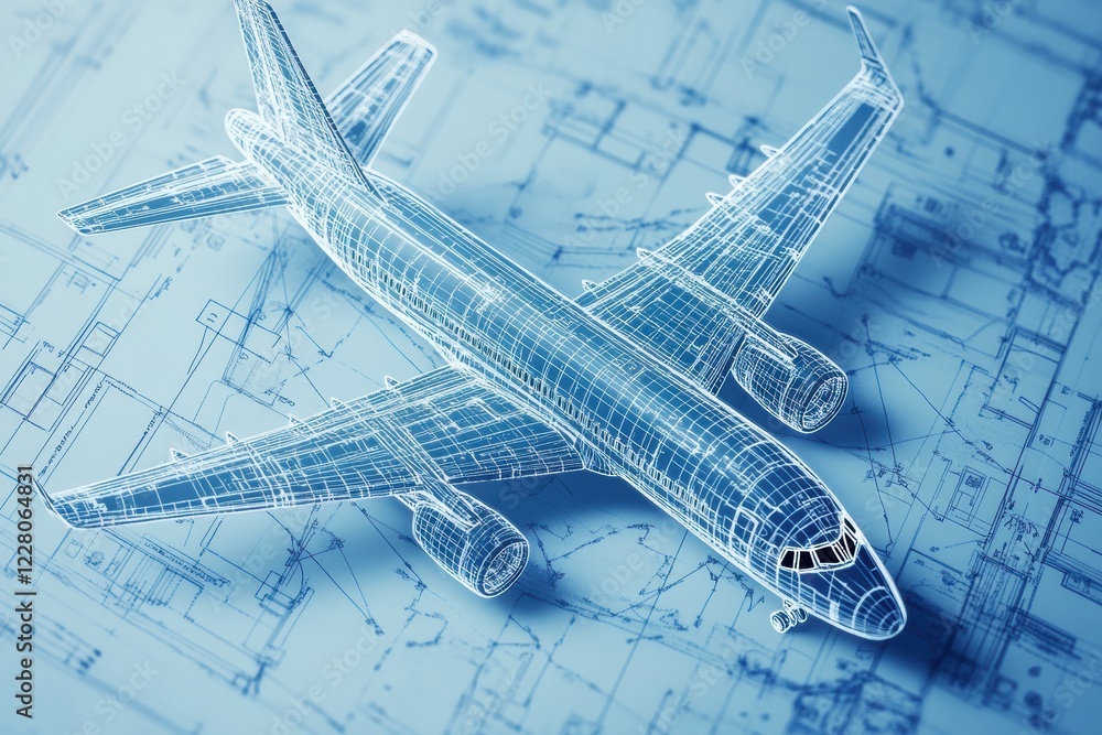 Poster detailed technical blueprints showcasing a modern airplane design and engineering layout for aerospa