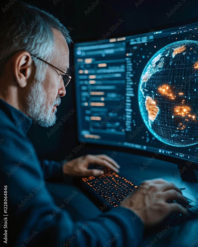 Aufkleber Futuristic Mission Control High-Resolution Display with Global Visualization - Cutting-Edge Tech for Aerospace Operations and Professional Training in High-Skill Environments