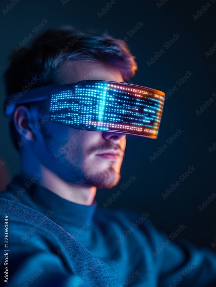 Poster cybernetic reality experience mid-30s caucasian man engaged with holographic interface through ar gl