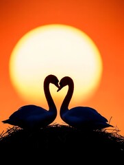 Fototapeta premium Silhouette Swans Nest at Sunset - Romantic sunset silhouette of two swans forming a heart shape in their nest, symbolizing love, commitment, peace, nature, and beauty.
