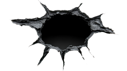 A deep black hole appears in a cracked wall showing depth and texture, isolated on a transparent background. PNG
