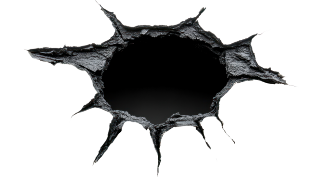A deep black hole appears in a cracked wall showing depth and texture, isolated on a transparent background. PNG