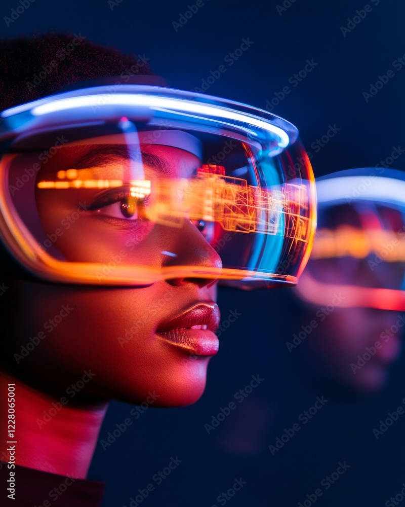 Poster Neon-Futuristic VR Collaboration Diverse Professionals in Virtual Workspace with Holographic Interfaces - Tech Innovations for Global Projects and Remote Team Synergy