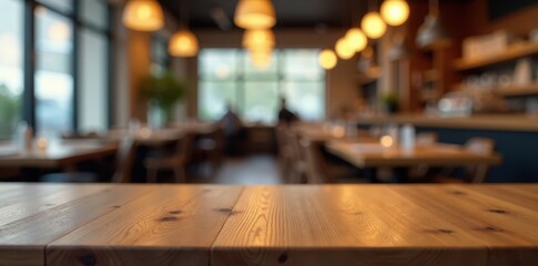 Clean, empty wooden table; blurred restaurant backdrop, atmosphere, mockup