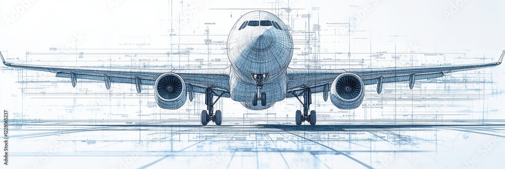Poster technical blueprints illustrating a detailed design of an airplane from a frontal perspective showca