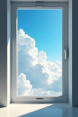Soft white clouds float above a serene window scene, peaceful ambiance, blue sky