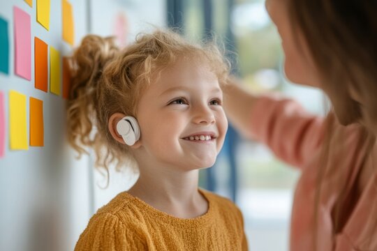 Bright Classroom Harmony Inclusive Learning with Adaptive Tools and Hearing Aids - Empowering Modern Education for Childrens Development in Natural Light Spaces