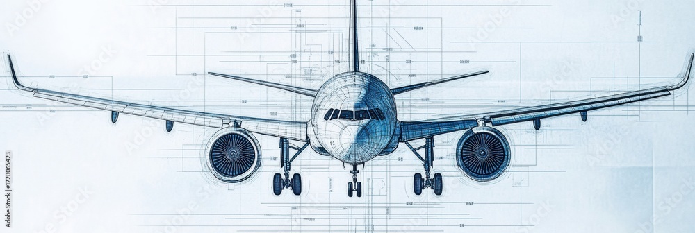 Poster detailed technical blueprints illustrating the design of a modern airplane structure and components.