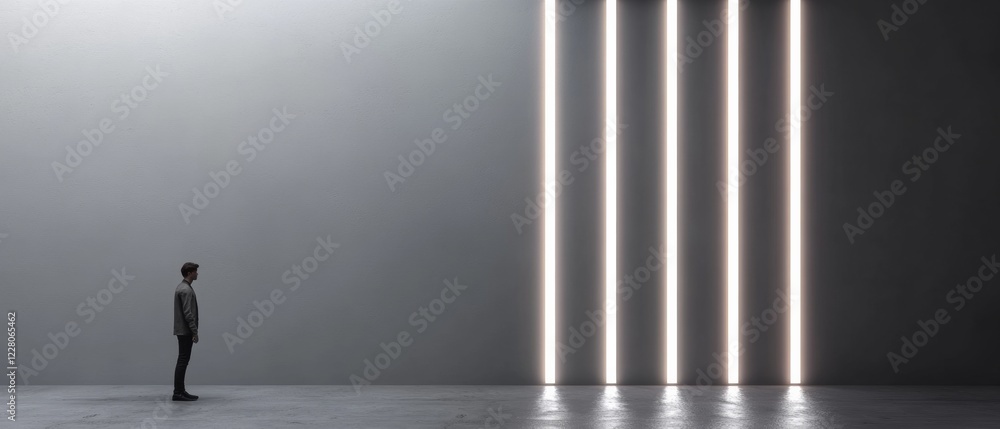 Poster minimalist industrial design man in monochrome space with vertical led light stripes - visual art fo