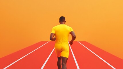 Obraz premium Vibrant Athletic Focus Runner in Yellow on Smart Track at Sunrise - Optimizing Fitness Tech Innovation and Motivation for Modern Wellness Enthusiasts