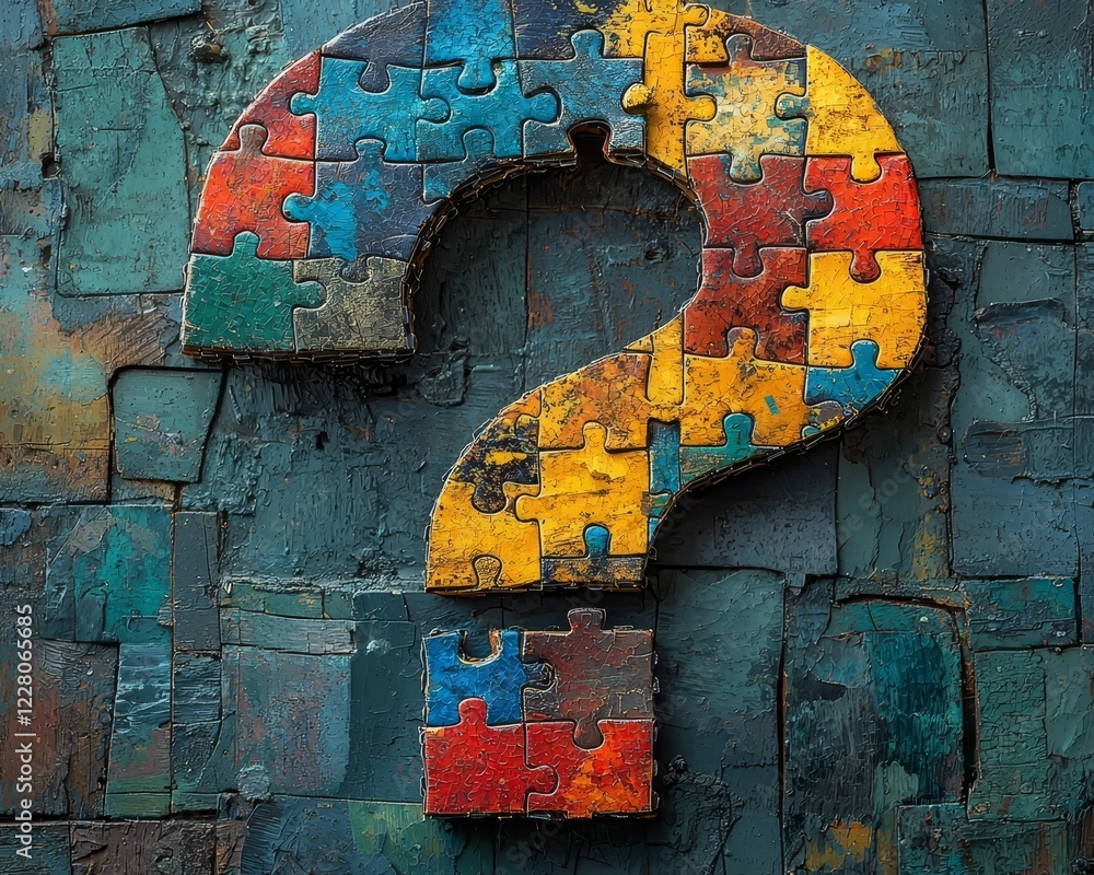 Poster fragmented puzzle question mark symbolizing life s uncertain understanding
