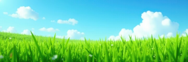 Close-up lush green grass, contrasting azure sky, spacious blank area , background, green