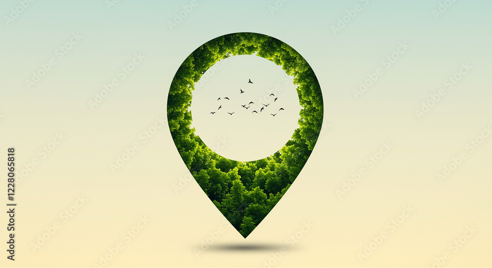Aufkleber map pin with nature illustration inside. environment design with trees and birds inside map pin shap