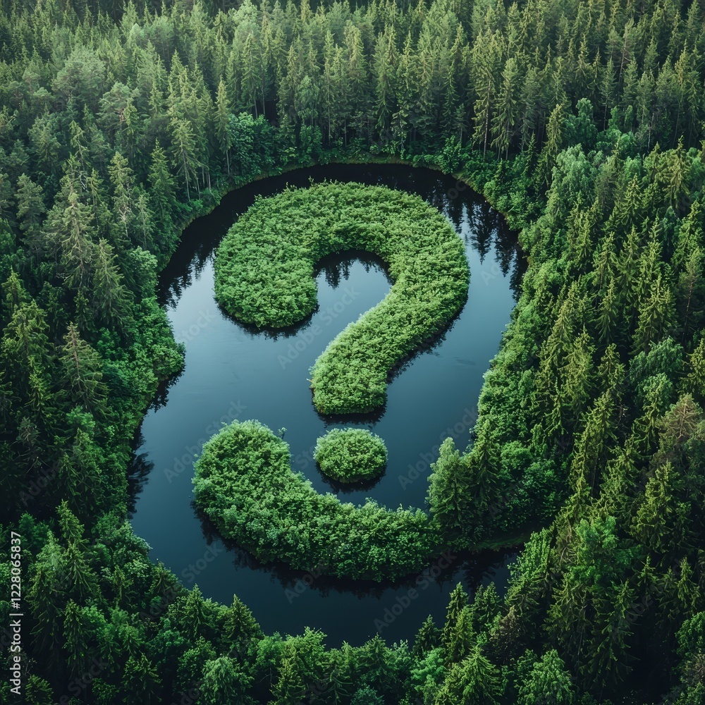 Poster surreal river flows in curious question mark shape reflecting life s uncertainties