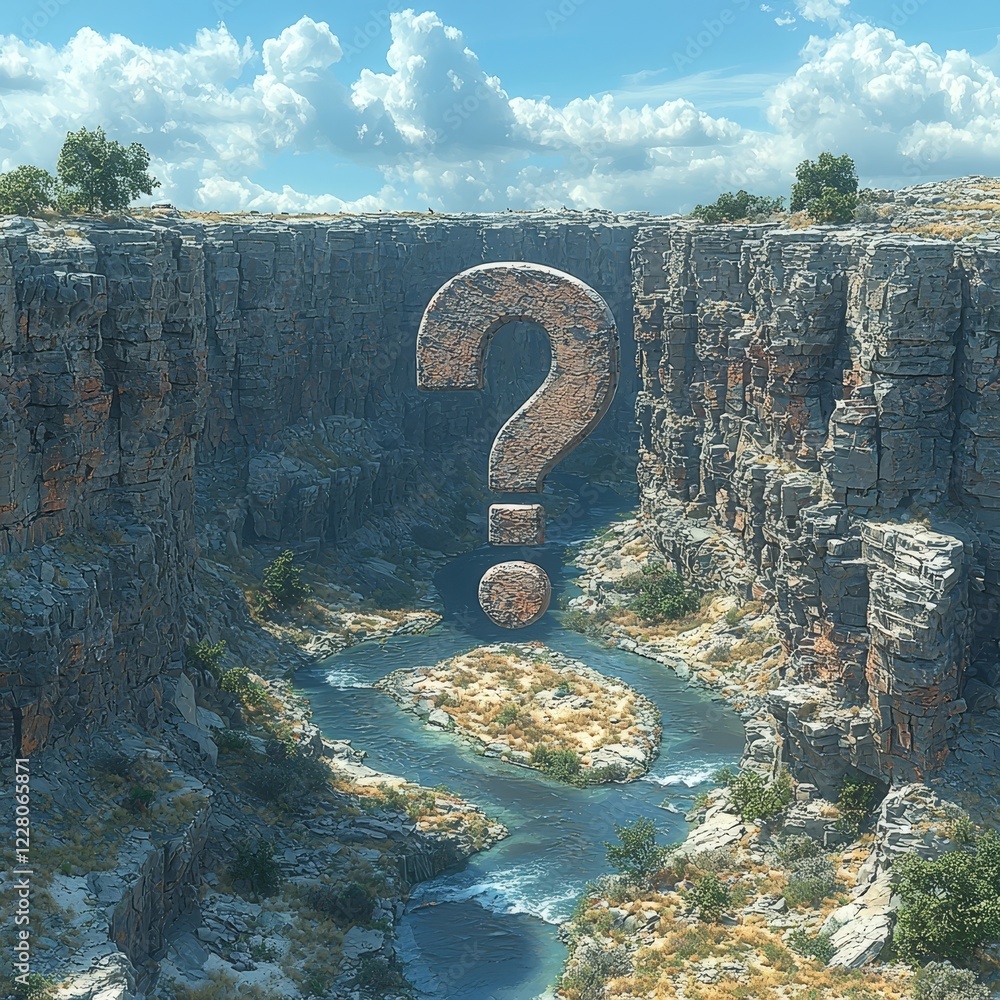Poster surreal landscape with river flowing in the shape of a mysterious question mark reflecting the uncer