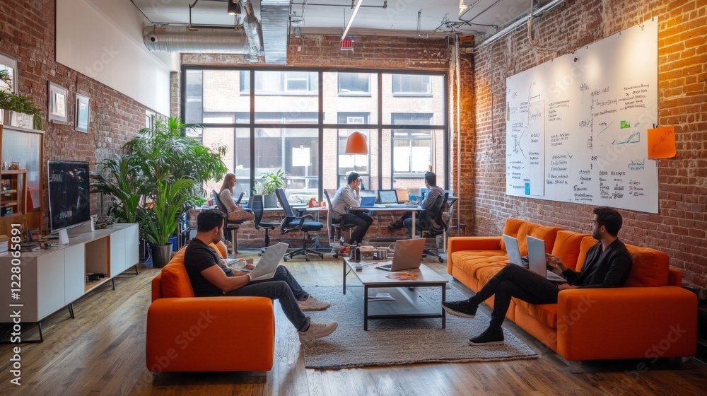 Aufkleber Contemporary Coworking Space Ideation Multicultural Team Brainstorming Tech Startup in Bright Industrial Office - Enhancing Innovation and Collaboration in Modern Business