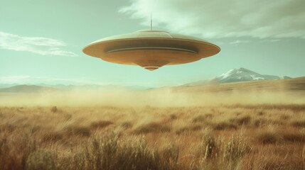 A flying saucer UFO hovers over an endless field o_009