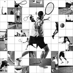 Collage of 3 models, in mosaic style of tennis players in action on court, showcasing skill,...