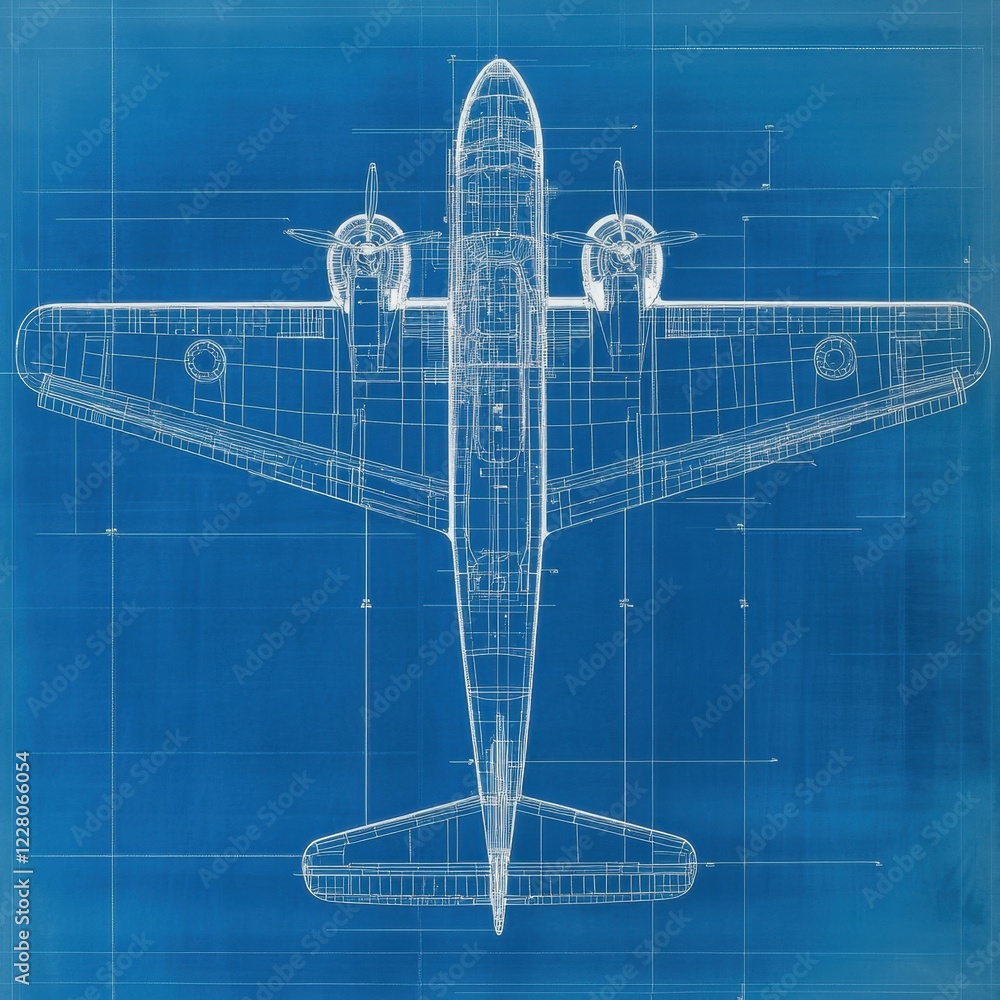 Poster detailed technical blueprint of a vintage airplane showcasing design elements and engineering specif