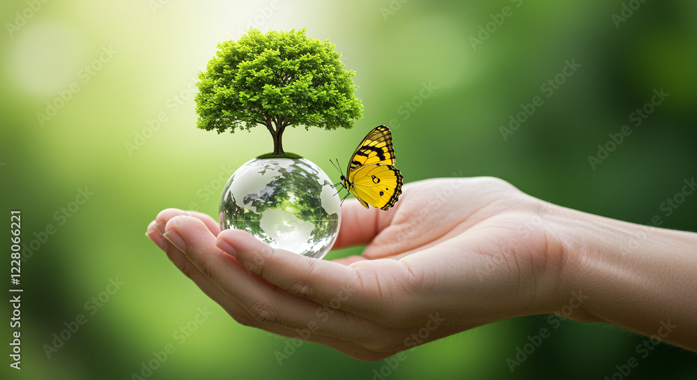 Poster tree on a globe in hand with butterfly. eco-friendly concept with nature and tree. globe with tree a