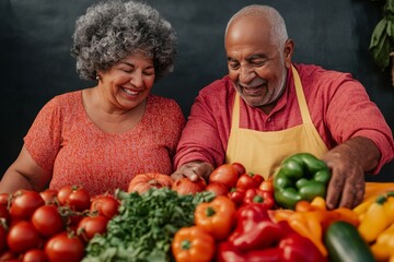 Vibrant Ethnic Market Experience Middle-Aged Hispanic Couple Engaging with Fresh Produce - Dynamic Retail Imagery and Culturally Inclusive Marketing