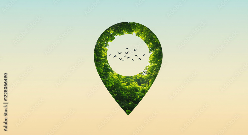Poster trees in nature location marker. green trees in location pin with flying birds. location marker with