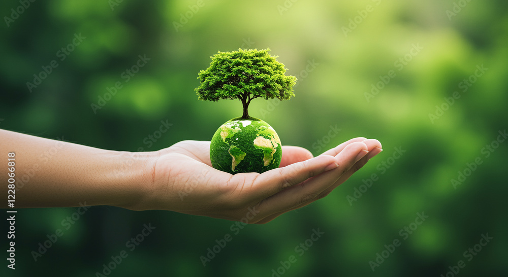 Poster tree on globe held in hand. eco-friendly concept with nature and green background. tree on globe is 