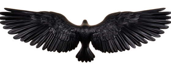 Detailed black bird with open wings, displaying feather intricacies, isolated on a transparent background. PNG