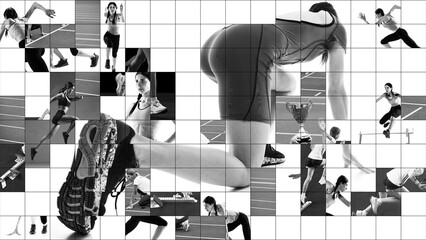 Mosaic collage with 5 people, runners, athletes in motion, highlighting speed, endurance and strength. Athletics. Running, competition, sprint and track. Concept of sport, determination and challenge